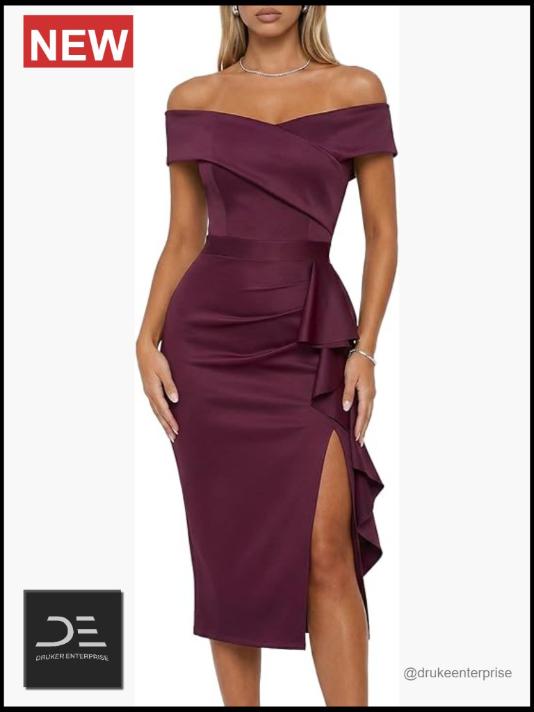Off Shoulder Ruched Midi Dress With Built-In Bra Bodycon Fit